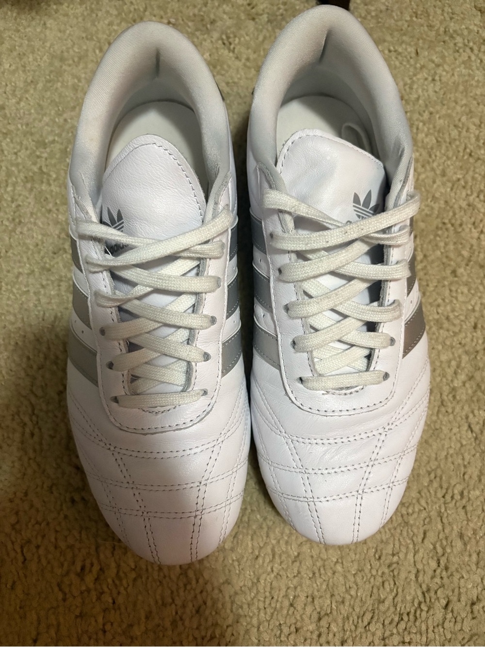 Adidas Women’s  Classic White Leather Sneakers with Gray Stripes